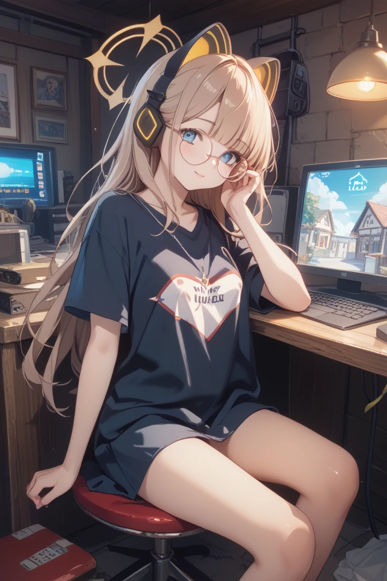 Beautiful Gamer woman, with long blonde hair, greeneyes, big bust, dressed in casual clothes, sitting down on chair, room gamer, looking at the computer, realisitic, Full HD, best qualityer