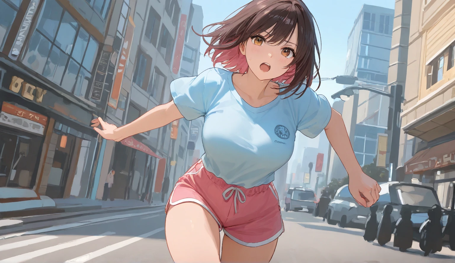 1girll, minamoto_shizuka, By bangs, Short twin tails,Pink skirt,ssmile, Woman in tight skirt posing for a photo, wearing tight simple clothes, tight costume, tight attire, wearing tight shirt, huge tit, Crazy swollen breasts, Fitness model, Buttock augmentation, Ruddy cheeks