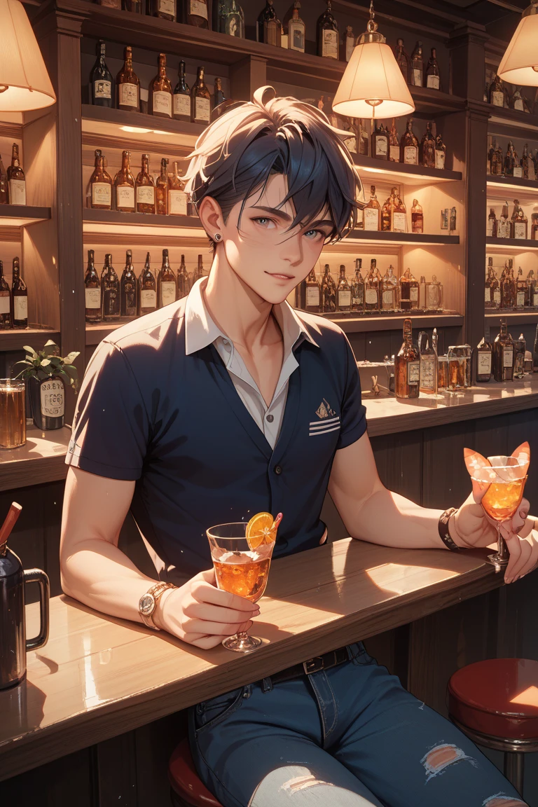 (looking away:1.5),upper body、Side shot、Drinking beer、
shiny skin, masterpiece、Highest quality、
(25-year-old male:1.2) and (Black short hair) and (blue eyes), 
(black collared shirt) 
sad、The background is the interior of a bar at night.、(alone:1.5)