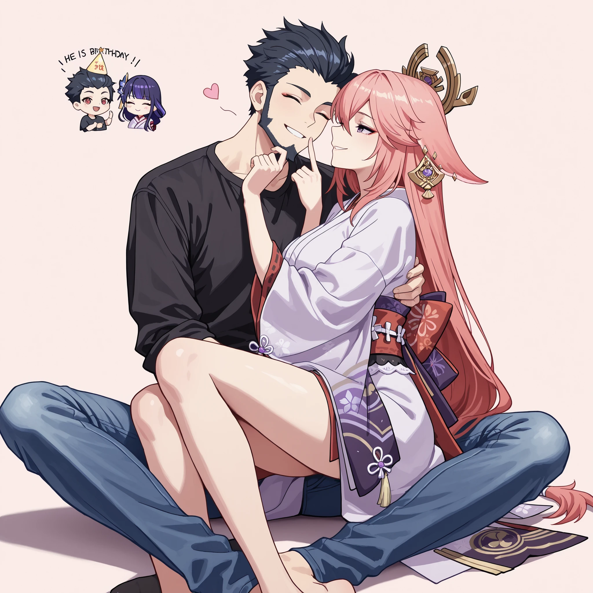 30 years boy (Atletic, dragon eyes), short high spike black hair Slick back, red eyes, curate beard,wears a black shirt and jeans. Raiden Shogun with her kimono, flower ribbon and hair ornament, cute , no background, Masterpiece, HD, 8k, 1boy, 1girl, couple,Yae Miko, sit, birthday hat, sadic smile, finger on her mouth, smiled, closed eyes, cross legs, full view, illustration, no background, profile, She hug strong him, very happy, closed eye, he is succubus of 2girl, Raiden and Miko hug the boy
