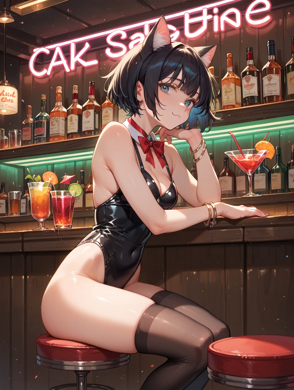 quality\(masterpiece, best quality,8k,wallpaper of extremely detailed CG unit,hight resolution,top-quality,top-quality real texture skin,hyper realisitic,increase the resolution,RAW photos,best qualtiy,highly detailed,the wallpaper\), BREAK ,1girl\(devil girl,12 years old,cute,black hair,(blue skin),black bunny suit,pantyhose,red eye,big eyes,eye shining,drinking blood,smile,sharp teeth,open mouth,blue horn\), BREAK ,background(outside,night,neon,backstreet),anime style,from below