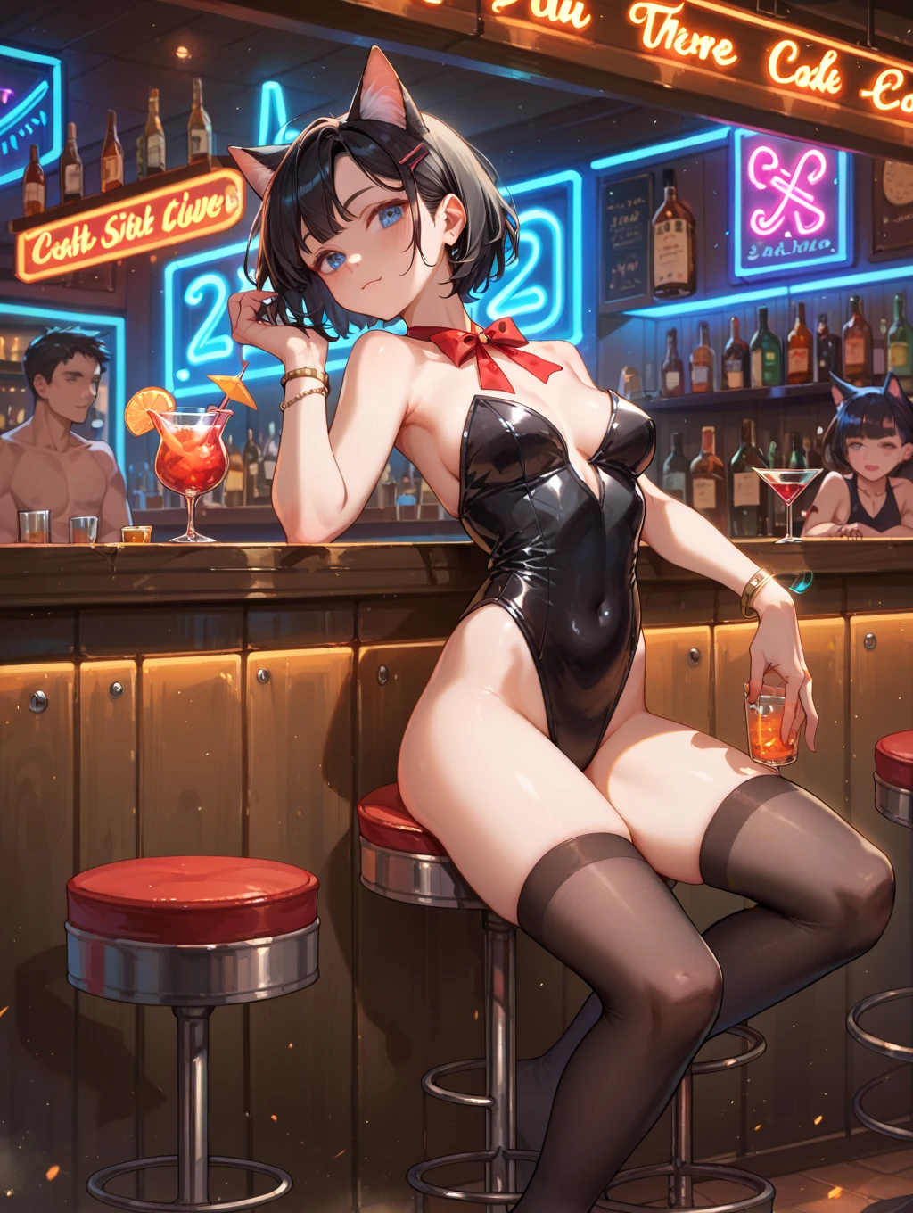 obra maestra, Of the highest quality, high resolution, junkotvv
tiro de vaquero, vista frontal,
Atractivo escote de cajero de mcdonalds maduro, mcdonalds, Edge lighting,
1 chica, alone, pelo largo y negro, red eyes, pechos medianos, orejas de gato
Mirando al espectador,
hermoso rostro, Hermosos y detallados ojos rojos., Cuerpo hermoso, Hermosos pechos, Hermosos muslos,