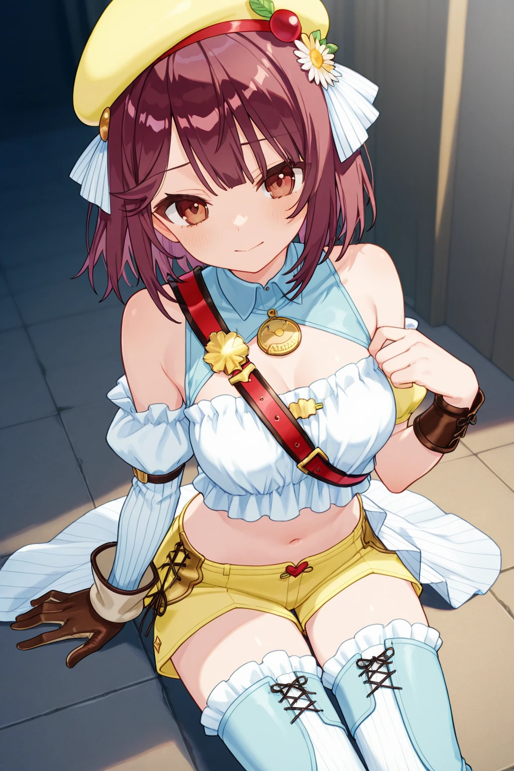 (Highest quality, 8k, masterpiece :1.3),Lizaリン・シュタウト(Lizaのアトリエ),Liza, One woman,Large Breasts,short hair,Brown Hair,hair band,Clothing,hat,White shirt,White camisole,Red shorts,Brown long boots,nsfw,Plump body,Thighs,