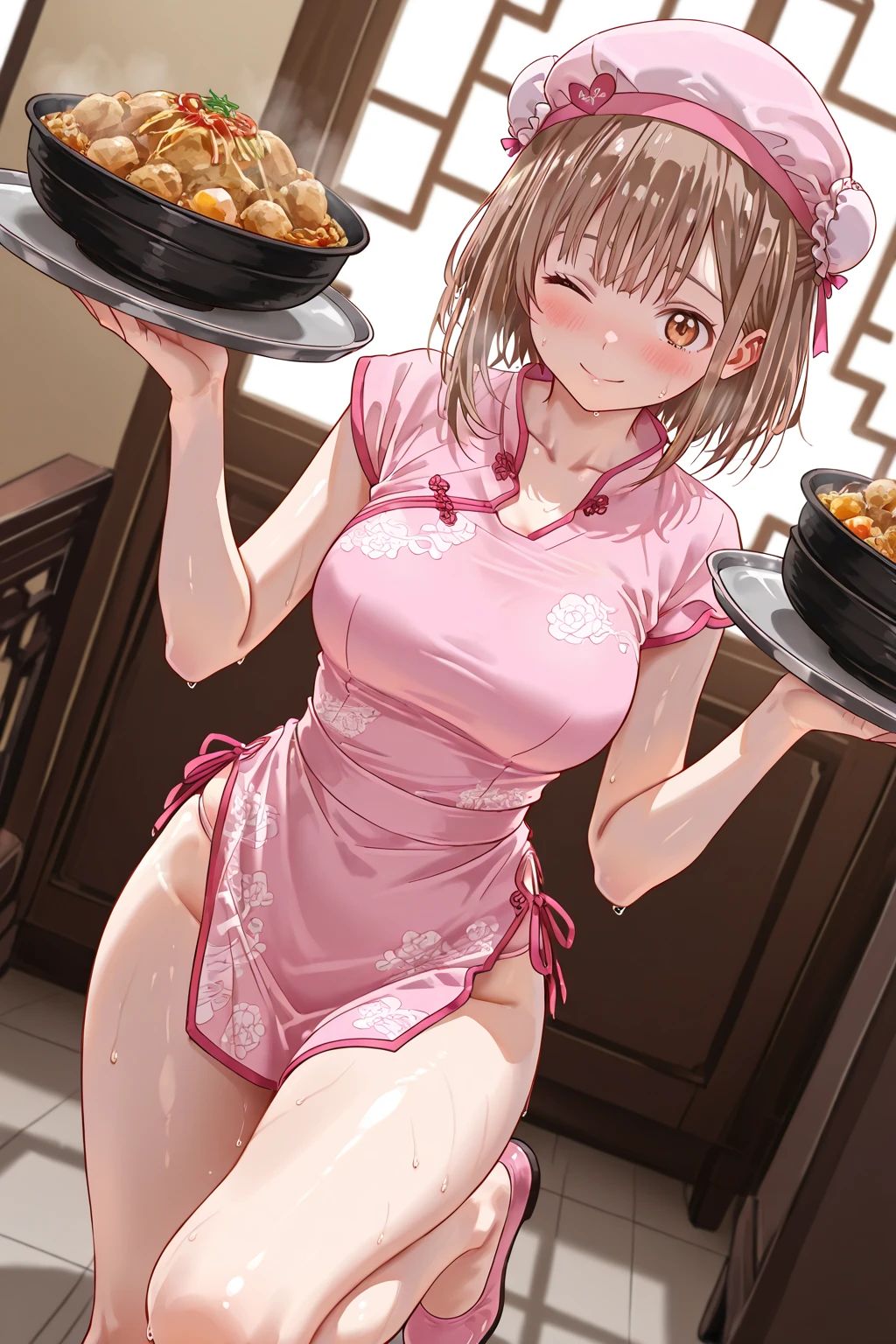 nsfw,uncensored,(masterpiece), (photo realistic1.4), ultra high res, best quality, 8k official art,figure,very detailed,anime color,perfect hands, perfect fingers, perfect legs),(cowboy shot,From side),1girl,solo,idolmaster,(minako satake) ,(17years old, beautiful girl), (beautiful blue eyes),(((beautiful light brown hair))), (((short ponytail hair))), (wet hair), (wet skin), ((Sweat)), ((vapor)), (flat chest,very large breast),(many sweat:1.5),(pubic brown hair:1.3),(from below),(cooking Chinese dinner), (Chinese restaurant), ,nude apron,
