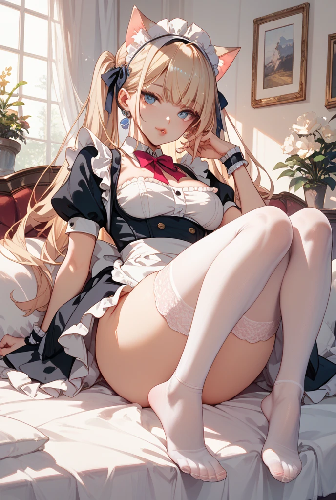 best quality,Super detailed,Perfect limbs,floor、mini skirt,Clothes with intricate details,Bright,Swimsuit,one person,blond,Sexy、Deep sleep、long hair、Stockings