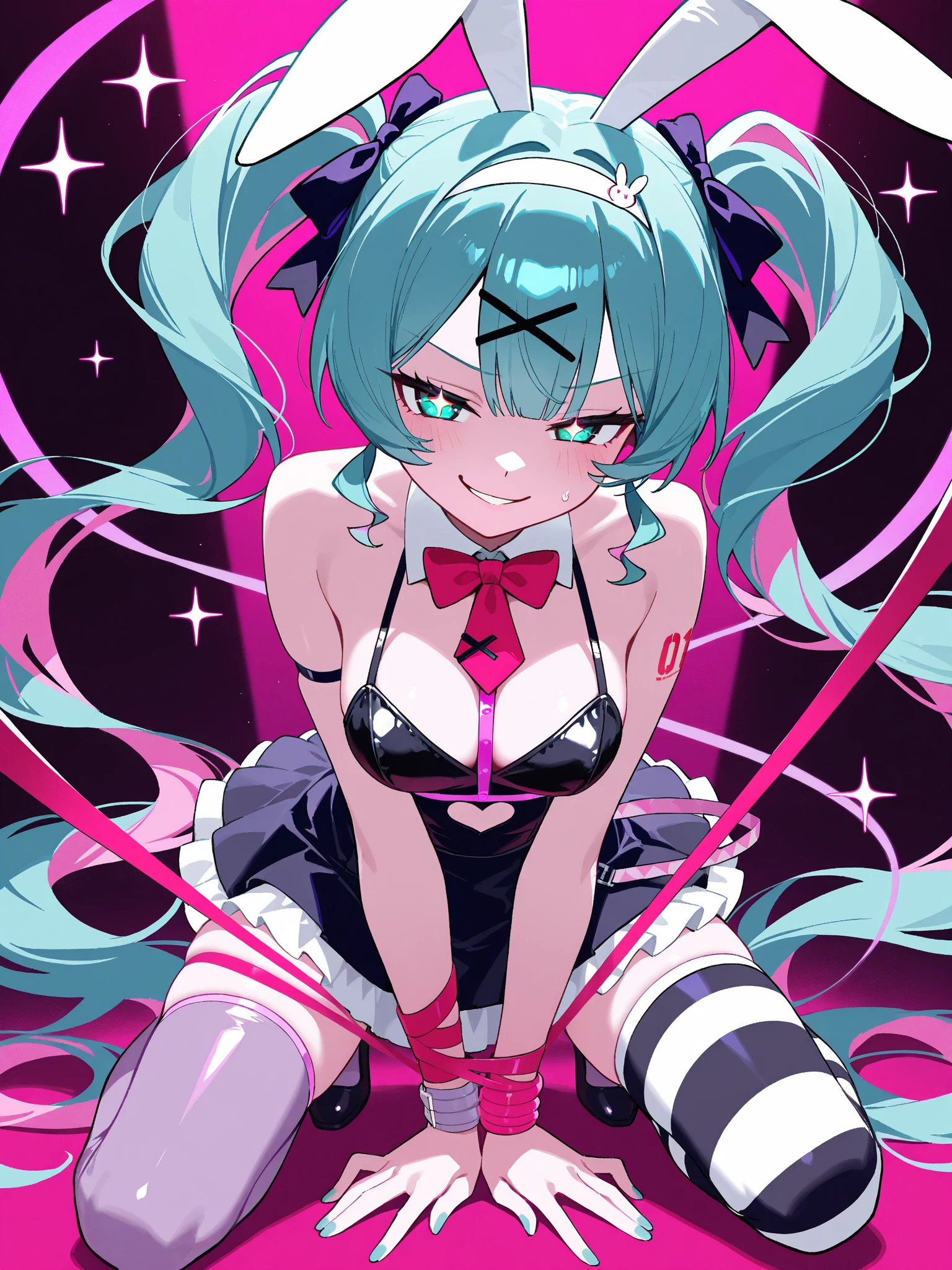 hatsune miku, 1girl, very sexy revealing bright outfit, cute mature smiling face, fishnets on legs and hands, hatsune miku, on dark japanese background, laced revealing shirt, pink stripped tight fitted skirt