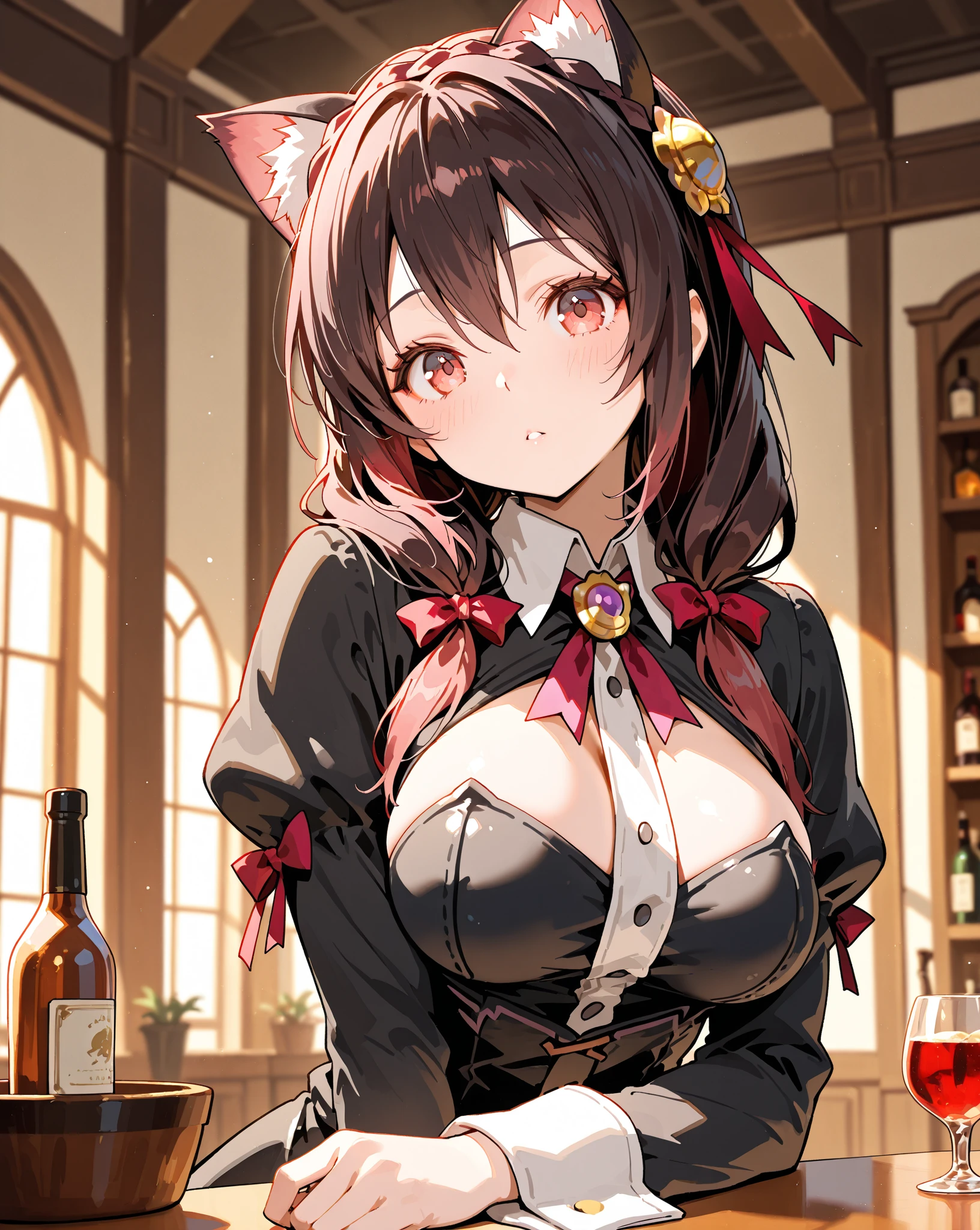 (masterpiece, highest quality), One girl,    Yunyun,Long Hair,Braiding,Twin tails,Hair between the eyes,Hair Ribbon,hair ornaments,large round breasts,、Pink Skirt、Red Eyes、Drunk and red in the face、night、indoor、Crown Blade,Black Shirt, Long sleeve,Pink tie, belt, Cleavage cutout、cowboy shot、Grab the hem of your skirt with one hand、Sitting on a chair、Holding out a glass
