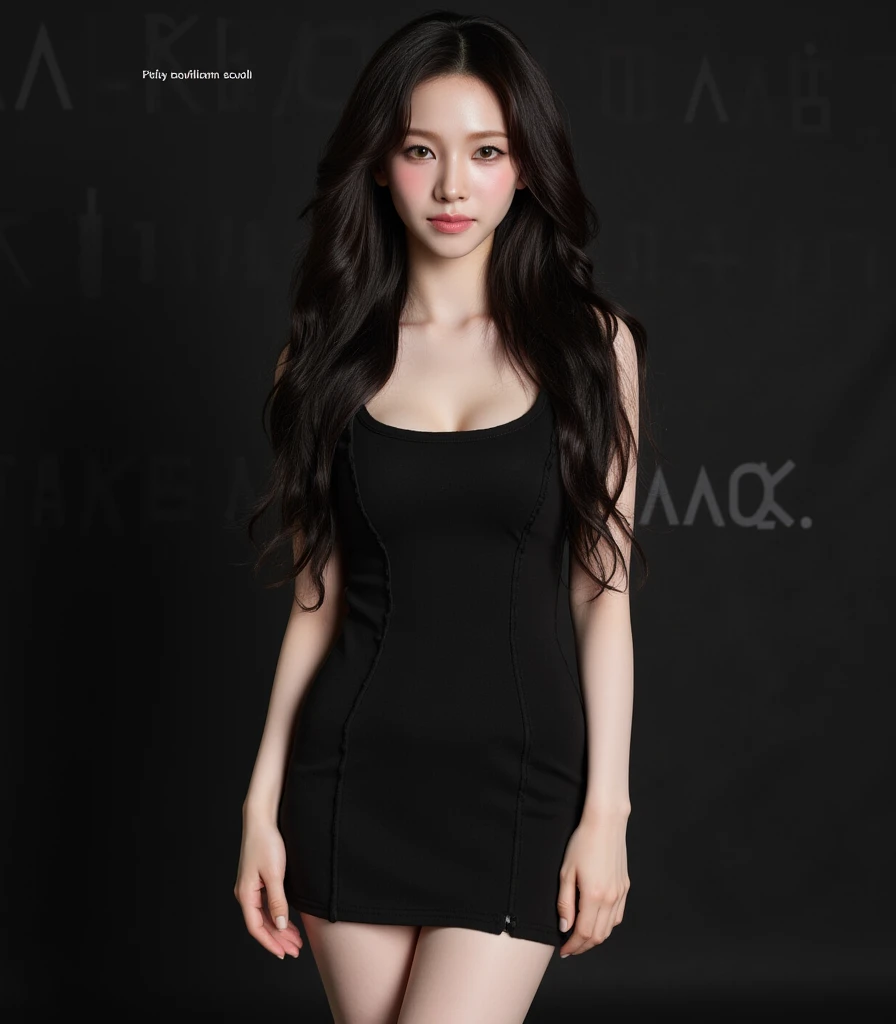 ((1 girl, 18 years old, full length, waist-length, standing)), ((masterpiece, best quality), (ultra detail), (best quality, high resolution, photo realistic)). (dark hair, shoulder length, long hair), (elegant body, dark stylish T-shirt, tech clothes), (beautiful hands in jewelry bracelets). ((Calm look, standing)).