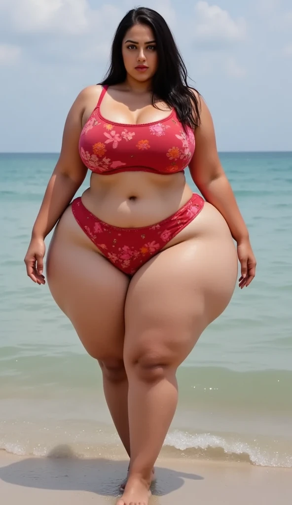 (((Very glamorous plus size model)), pink sexy Ranjarry, Beautiful bust emphasized enormity, Beautiful buttocks emphasized enormity, very thick thighs, low fat waist, Araffe, Beautiful thick woman, plump, beautiful curves, sensual body, big cheeks, Curved accentuated female body, widest waist, photo from diagonally behind, full body shot, Beautiful Japan woman, beach in Hawaii