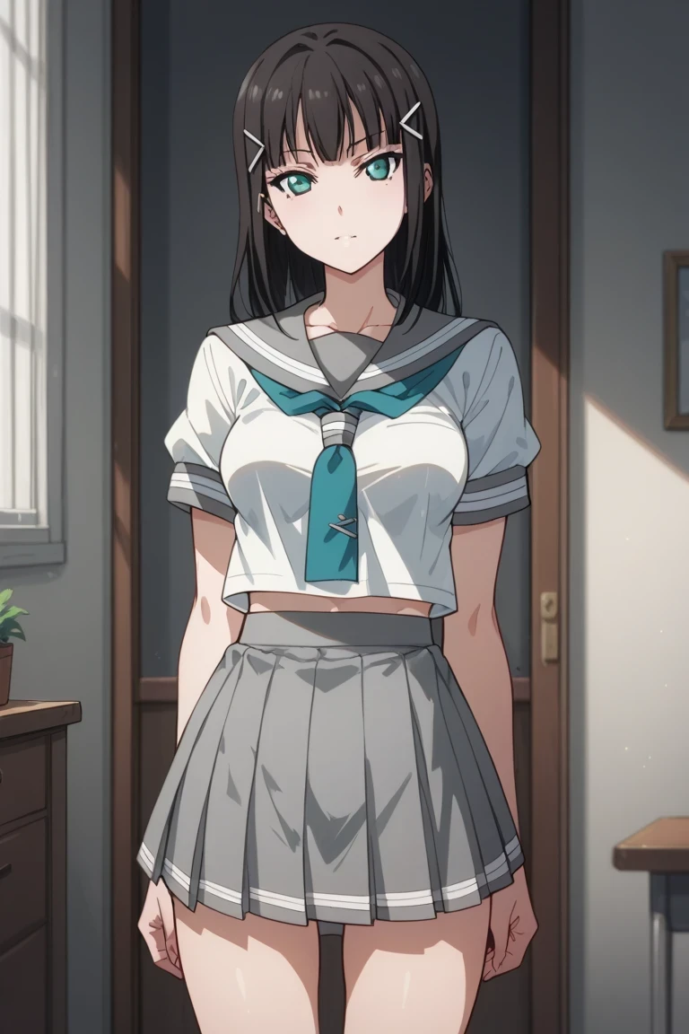 An image of Dia Kurosawa, presumptuous face, sailor fuko, medium breasts, slender legs, gray foldable mini skirt, holding her white panties with lace, standing in a room
