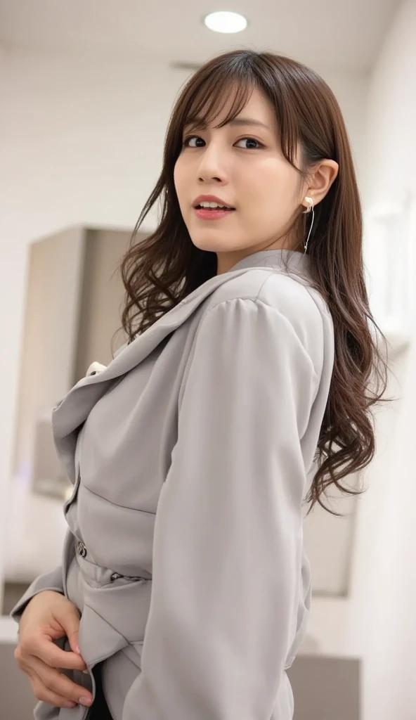 (Best Quality, 8K, 32 k, Masterpiece, UHD:1.2), from back, 1Girl, Beautiy Japan Office Lady, (Looking at the viewer), A little fat, Grey suit, Grey miniskirt, Open Jacket, Office room, a desk, (Huge breasts, butt:1.2), detailed beautiful face, Ponytail Hair, From below, one leg raised