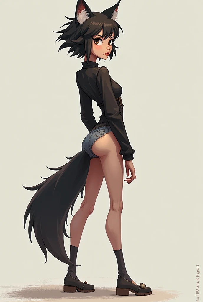 (masterpiece, best quality), 1girl, small breasts, small hips, green eyes, CUTE FACE, BLUSHED CHEEKS, SHY GIRL, BLACK HAIR, CAT EARS, BOB CUT HAIR, BLACK crop top, denim shorts, striped thighhighs, ((FOCUS WEAR HIGH HEELS)) , hands on the hips, (((FOCUS WHOLE BODY VIEW))), (((FOCUS SIDE VIEW))),  bedroom, striped thighhighs, pervert.