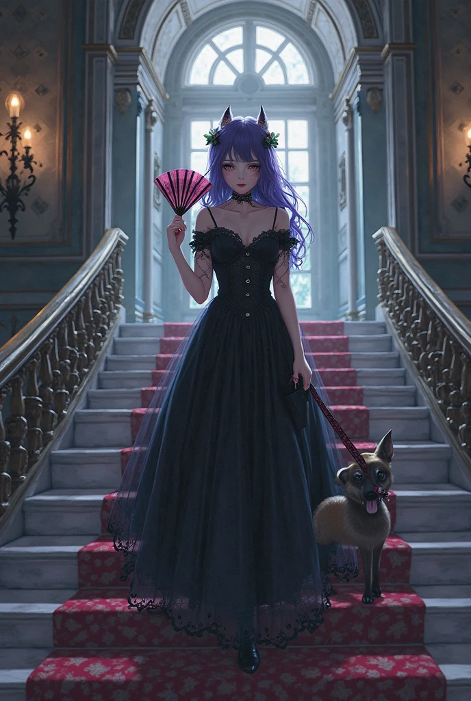 une femme adulte avec des lunettes dans un parc ,Black wedding dress with sleeves, Robe moulante, robe près du corps, black wedding viel, Lolita , gothiques, long skirt, cat ears, white stockings, Dark and purple hair, cheveux noirs et mèches violettes, oreilles de chat sur la tête, gros seins, belle poitrine , Décolleté important, Avatar de seconde vie, Belle capture d’écran, charme , Seconde vie, Plan rapproché entre les jambes , femme séduisante, portant des lunettes noires brillantes