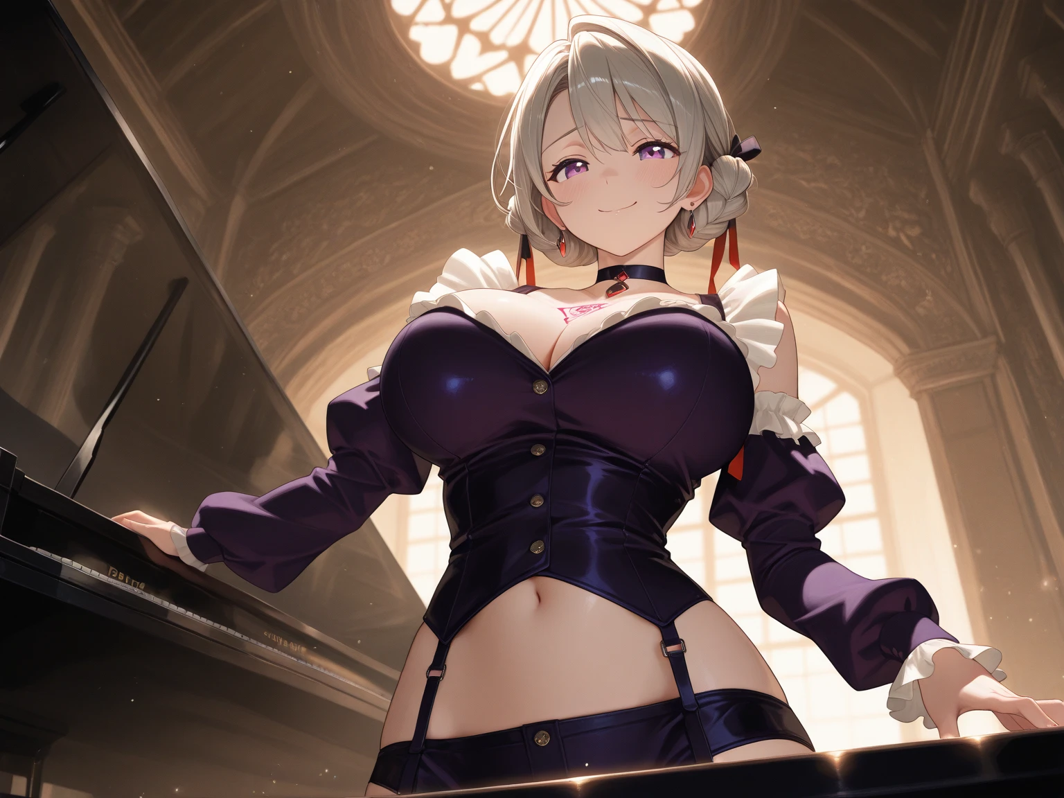 masterpiece, disorganized , (intricate details), (colorful),cinematic lighting,bust shot,Highly detailed CG Unity 8k wallpaper ,monster hotel\(Mavis\), 1 girl, alone,mature woman, raise your arms, looking at the viewer, play sports often, Cafe,cowboy shot, silver hair,inner thigh,
