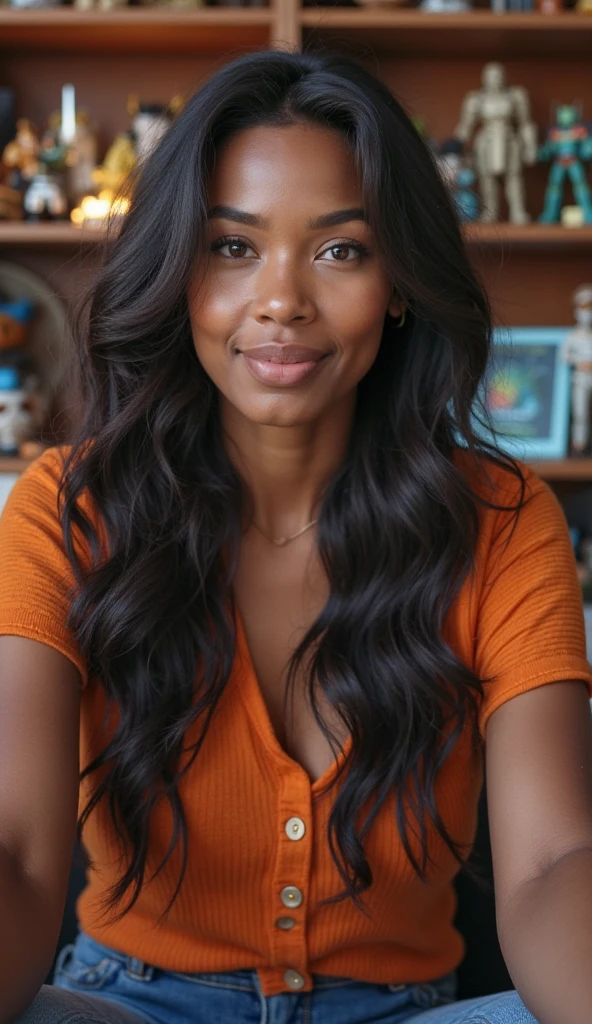 A black Brazilian woman with lush straight hair, wearing a green cpr crochet dress and sitting crocheting showing her natural charm and outgoing personality.