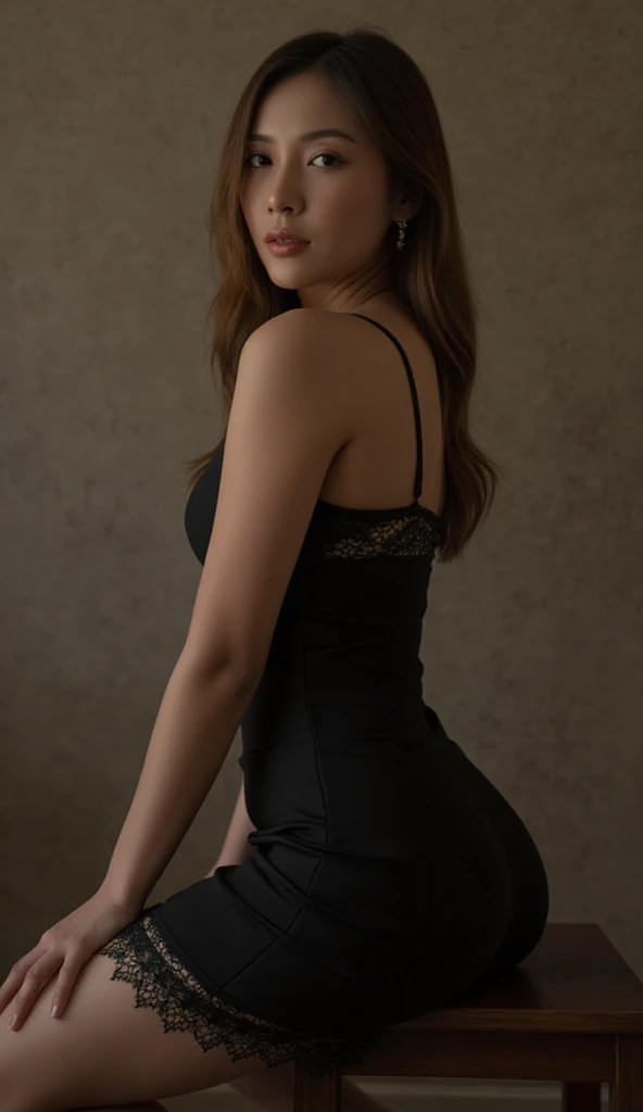 masterpiece, high quality, solo focus, young woman, bright eyes, lustrous skin, red hair, highly detailed eyes, perfect face, wearing a black dress, in an elegant model pose, full body, back to viewer, by lee jeffries nikon d850 film stock photography 4 kodak portra 400 camera f1.6 lens rich colors hyper realistic texture dramatic lighting unrealistic engine trend on artstation cinestill 800