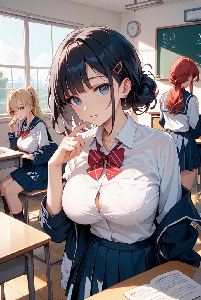 （（​masterpiece）、top-quality、girl with、（high school student uniform）、、Perfect Anatomy、3 people、girl with、red hairs、blue hairs、A pink-haired、I'm wearing glasses、short-hair、Braided shorthair、long、female high-school student、校服、(((Pull up your shirt)))、((no-bra))、(((Exposed breasts)))((Pull up your skirt)))、((Lace panties))、((Digging panties))、‎Classroom、A smile、Embarrassed face、angry looking face