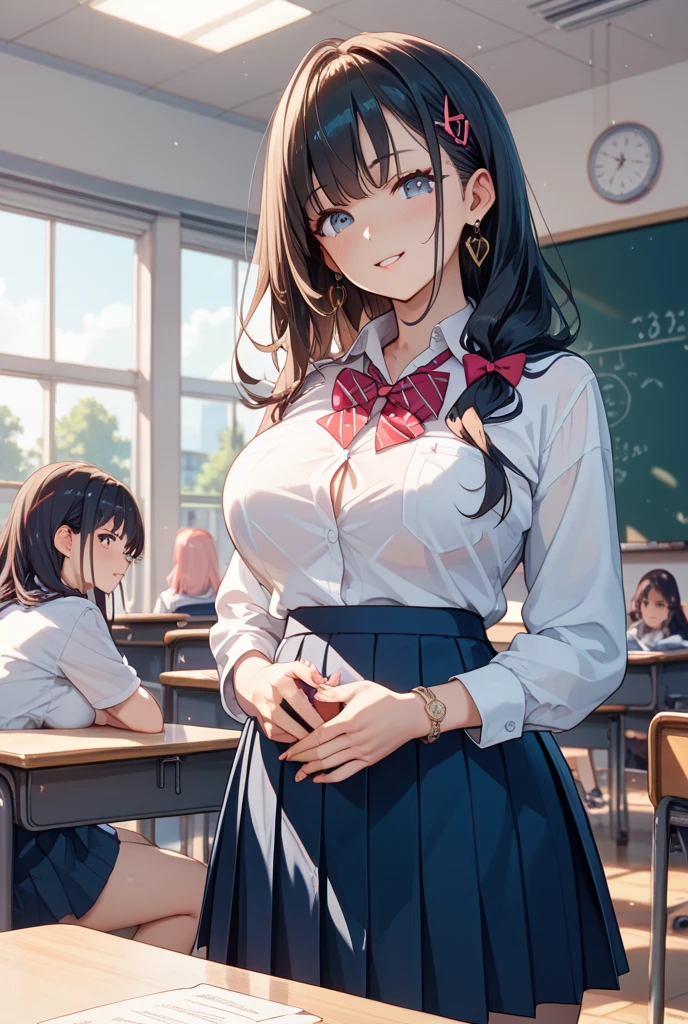2girls, (multiple girls), natural lighting, masterpiece, highly detailed, illustration, game CG, absurdres, high quality, aichan, large breasts, beautiful detailed eyes, detailed hair, glossy lips, blush, (school), white shirt, black pleated miniskirt, looking at eacher, (panties:0.8),