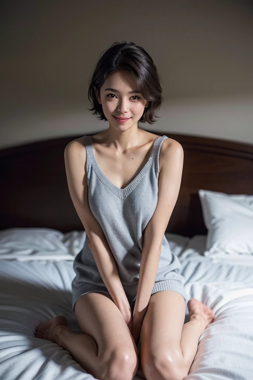 A beautiful Japanese woman in her thirties with short hair sat leaning against the wall in a pure white room, holding the front of her long-sleeved navy blue cotton shirt with her hand, looking away and smiling bitterly. Focal length 100mmf/2.8, pure white space, ideal light source, well-shaped face, speaking mouth, toned body, dark blue long-sleeved cotton shirt with the front closed and held in hand, lower body naked, pubic hair, beautiful legs, eyes Close-up, realistic feeling, 8K image quality, highest quality.