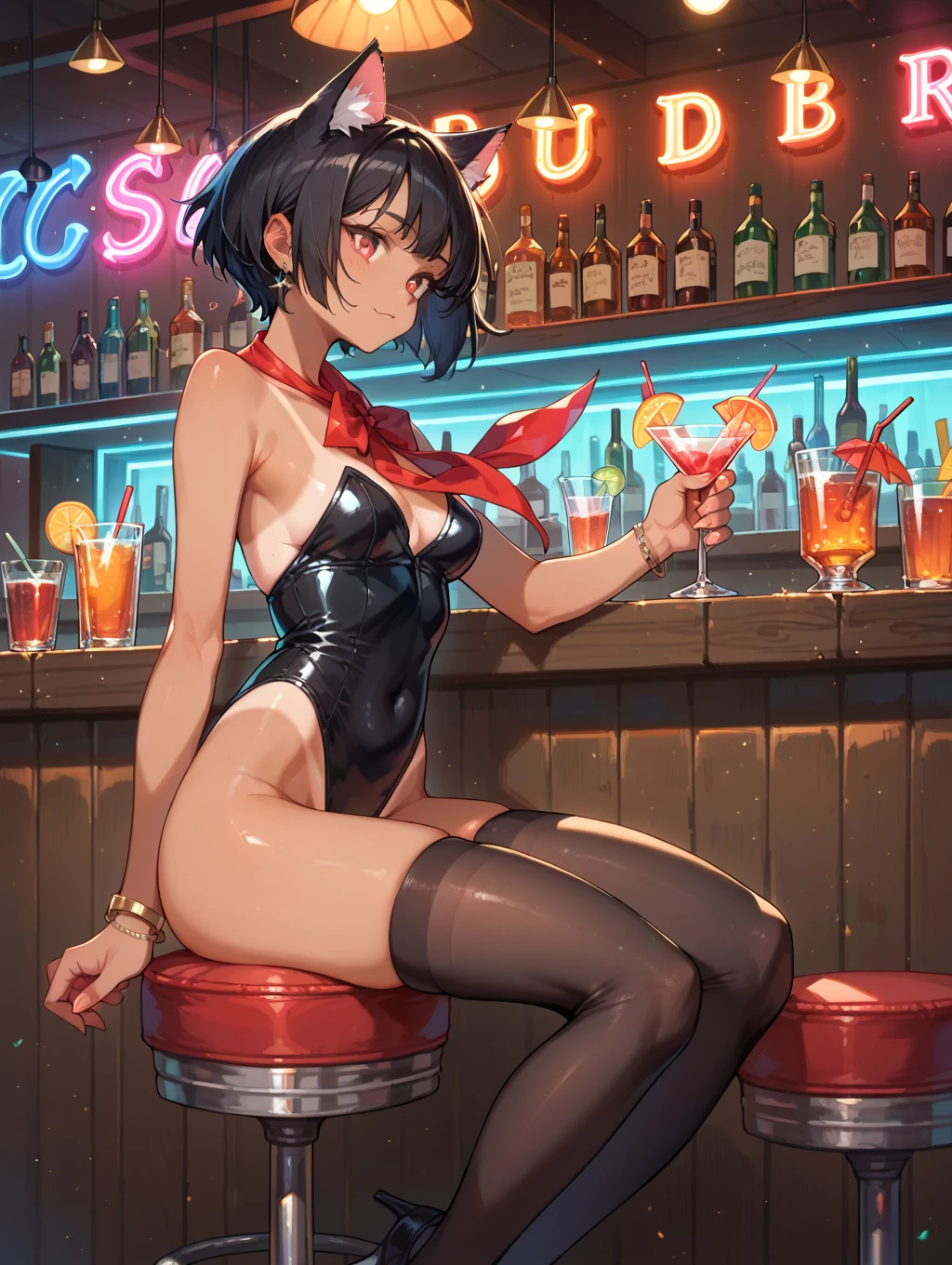a girl with dark brown hair, short and curly, with freckles, no bangs. dark brown eyes. She is sitting in a bar, small breasts, stripper