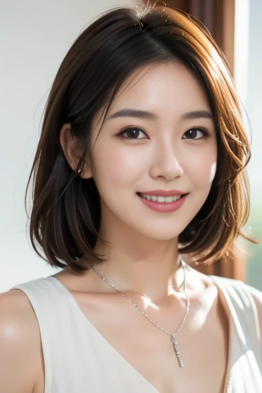 highest quality、8k Masterpiece、superA high resolution、(Photorealistic:1.3)、RAW Photos、1 girl、Black Hair、extremely detailed Glowing Skin、50 age、Portrait、Global Illumination、Shadow、Octane Rendering、8k、Super sharp、Beautiful breastetal、Cold colors、Very intricate detailuch Light、CGSoation Trend、extremely detailed Beautiful Eyes、Shining Eyes、To the camera、Neon Details、extremely detailed Clear skin、short hair、smile、Featured on cosmetics website、Elegance、Photo Studio、short hair、white lingerie、more lighting, photo painting, Picture-perfect, white skin