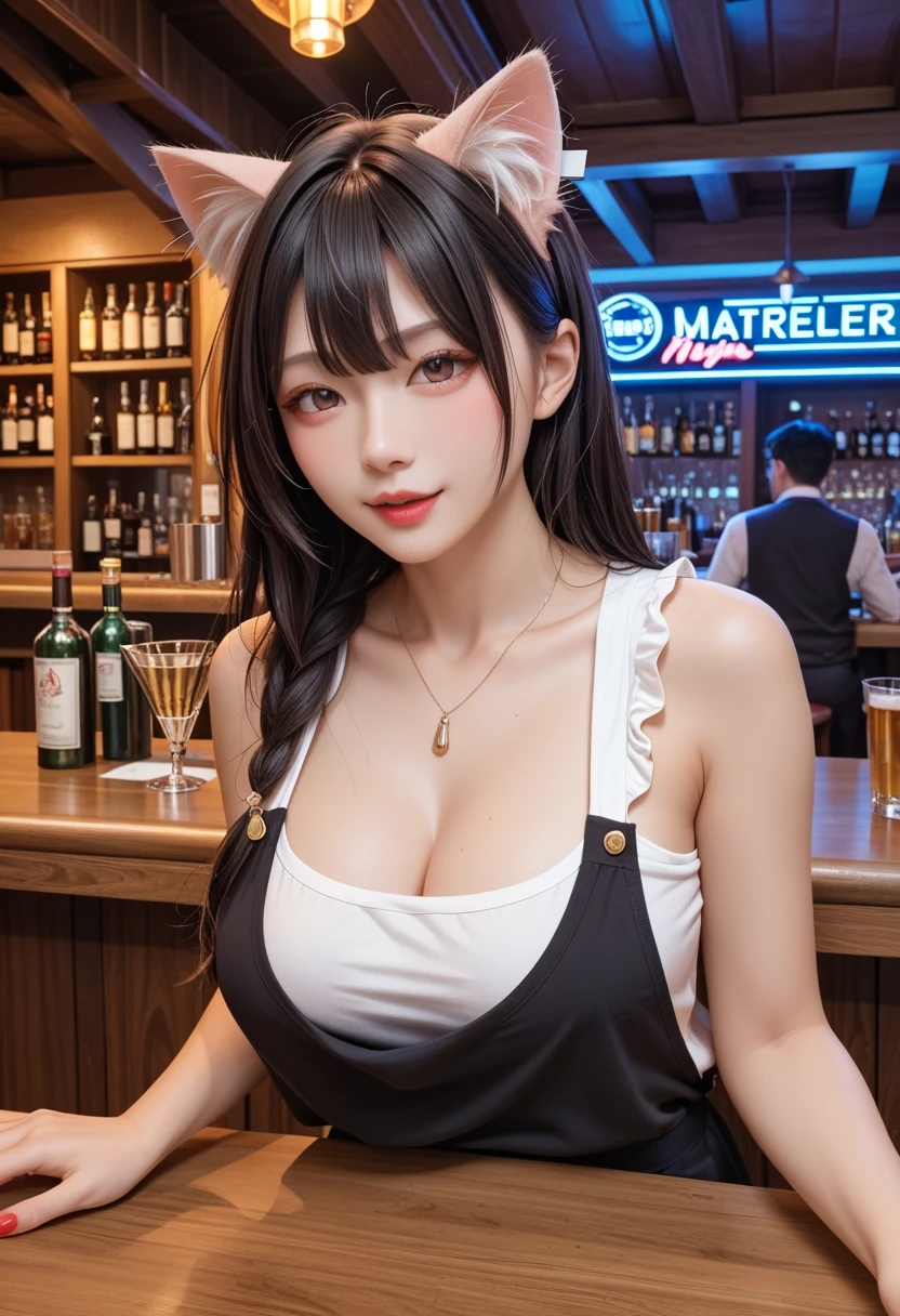 Highest quality, shape, Very detailed, In detail, High resolution, 8k wallpaper, Perfect dynamic composition, Beautiful attention to detail, Wavy long hair,Big breasts and natural lips, Sexy pose,smile,25-year-old woman、Beautiful woman、Looking into the camera、Ultra-realistic、(((reality:1.5))),(((Waitress costume、family restaurant、Dark Brown Hair、Brown Eyes、Big and beautiful eyes:1.5)))、Standing posture、(((One Woman:1.5))),(((Japanese)))