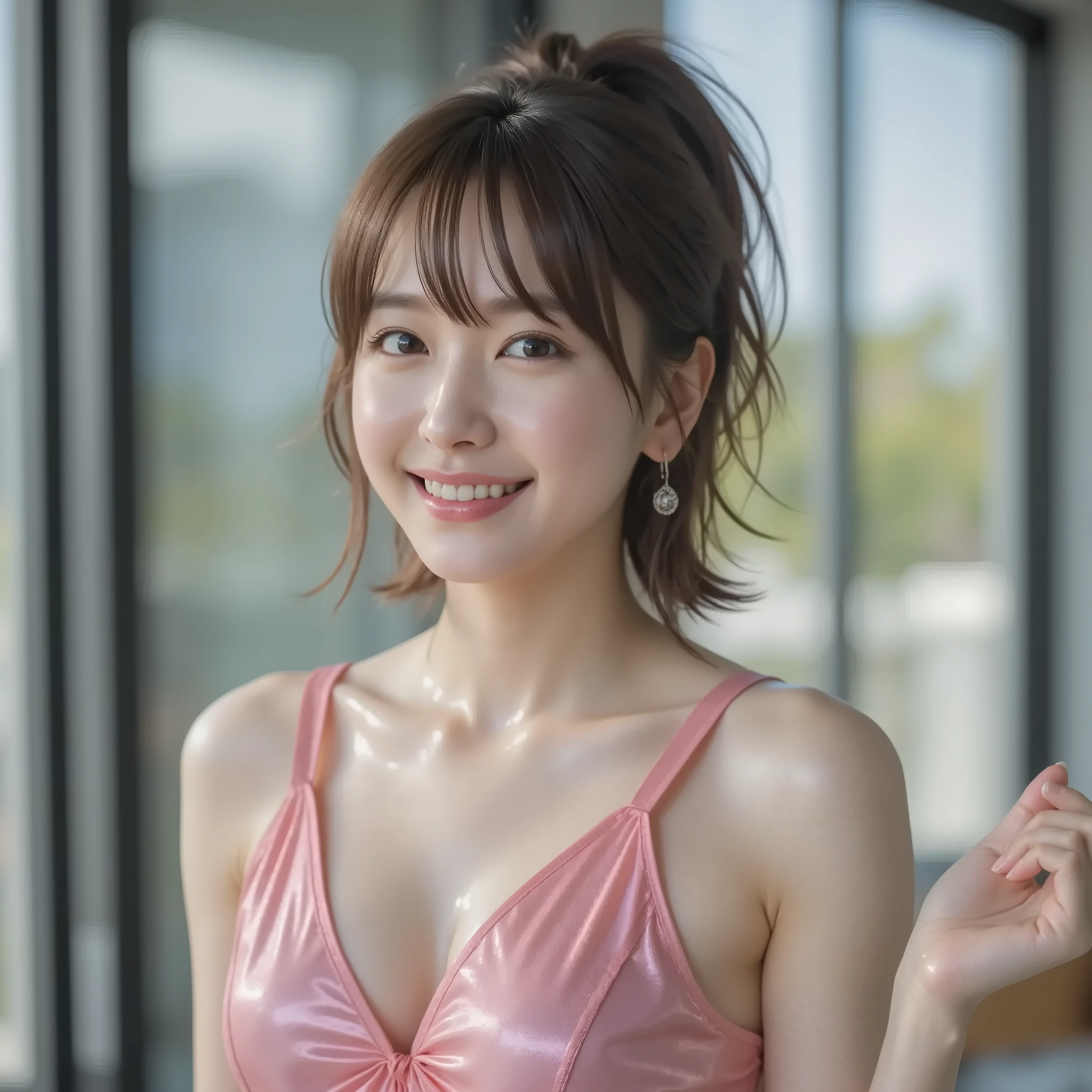 High leg swimsuit with the image of a fox, (top quality, highest resolution, highest masterpiece:1.2),very detailed, Surrealistic:1.37, (perfect anatomy), 1 girl, Cowboy Shot,   cute and beautiful young Japanese woman  , Vertical position   ,  Very Attractive Face, after the first,(Shining Eyes:1.2 ),,(smile:1.3),  Beautiful skin,  has a well-groomed face , Movie lights illuminating figures,  beautiful hair,  silver curly hair  ,Bang,  (futuristic super tight pink hologram cute satin dress), earrings,  , makeup,  intricate decorative details  , 