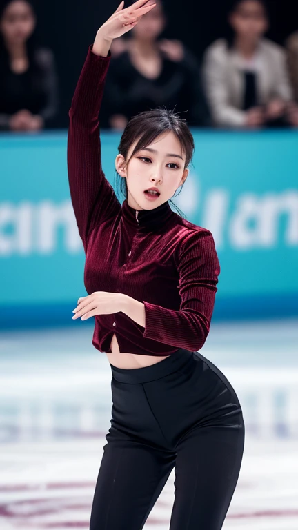 1 female、(super beautiful)、(beautiful face:1.6)、(detailed face:1.5)、(fine eyes:1.1)、(detailed lips:1.1)、(detailed nose:1.1)、(brown hair)、(Doing figure skating)、(she&#39;He&#39;s the only one skating at the rink.:1.2)、(anatomically correct movements:1.3)、(red costume)、(White panties under the skirt:1.2)、(Clothes:1.5)、(skating rink with spectators)、(At SFW:1.5)