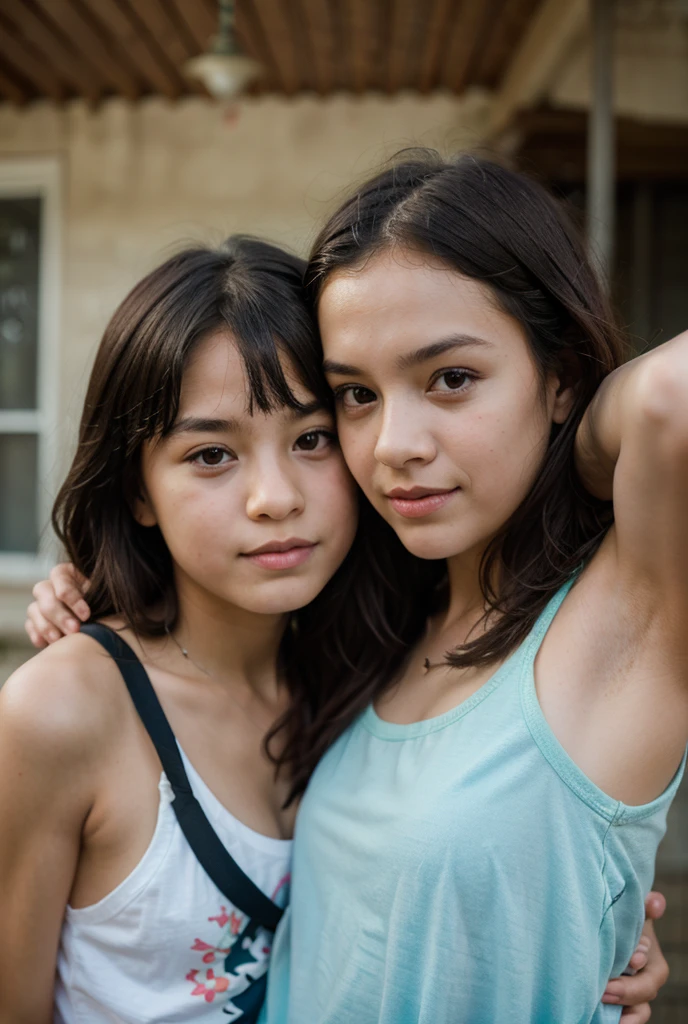 two girls, one 8 years old and the other 7 years old, hugging in a park, kissing on the cheek, baby face, she are happy, wearing ballet clothes and leggings, long hair, 8K, maximum perfection possible, similarity with reality, natural photo, wearing tiara, beijo na bochecha, beijando a bochecha