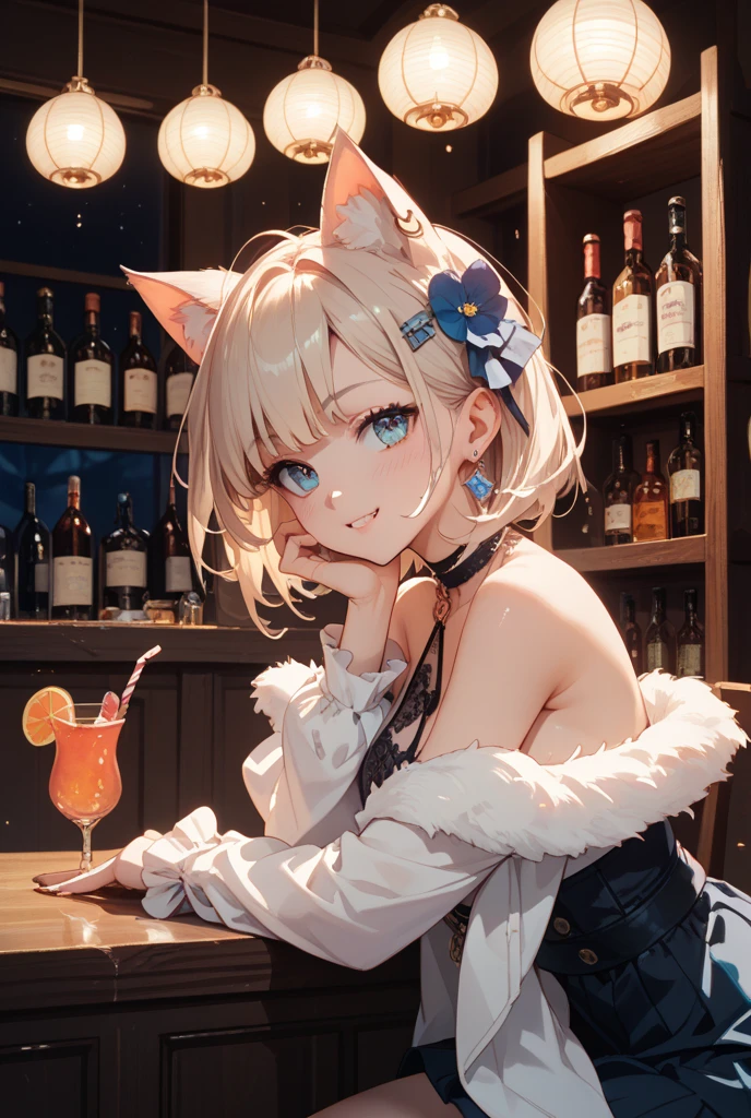 ((Masterpiece)), (Anime:1.5), ((best quality)), (RAW photo:1.2), (High Definition:1.3), (Professional Photography:1.2), (chromatic aberration), Textured skin, cinematic lighting, ((12 years old)), wide shot, cat ears, pale brown hair, ((flustered)), Cute Beautiful girl, BREAK, ((best quality)), (Glossy lips), Textured skin, medium hair, unruly hair, (slightly exposed small breast), ragged camisole, ((wearing dirty white camisole)), Cute panties, Slender body, small breasts, ((Cheek cane on dirty restaurant table)), (sitting a chair), botanical garden,