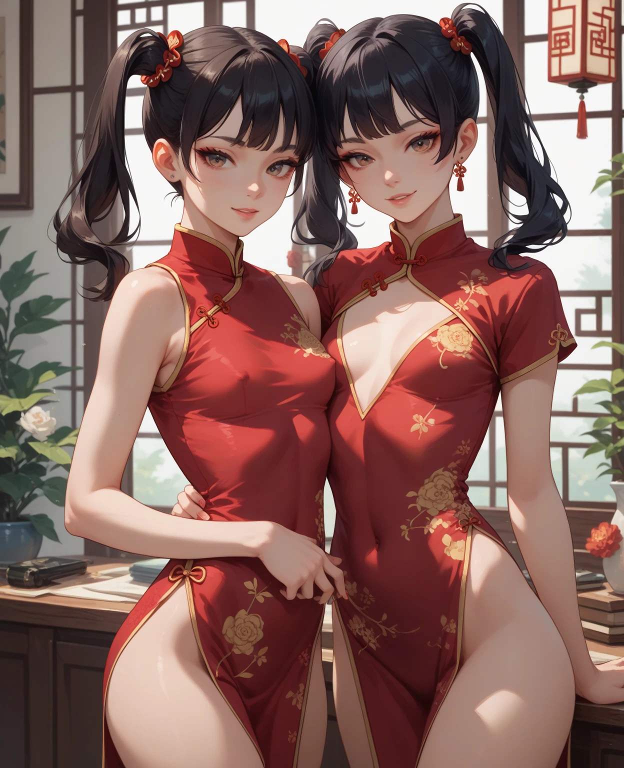 absurderes,(masterpiece、top-quality、8K ),intricate detailes,ultra-detailliert、one girls、A slight smil、(beautiful countenance、long lashes、Slender eyes、Hanging,Lustrous lips:1.4),((double bun hair:1.4)),((Red cheongsam、side slits:1.4)),(shiny white skin:1.3)),thighs thighs thighs thighs,Chinese Traditional Room、Hyper realistic,Perfect Anatomy