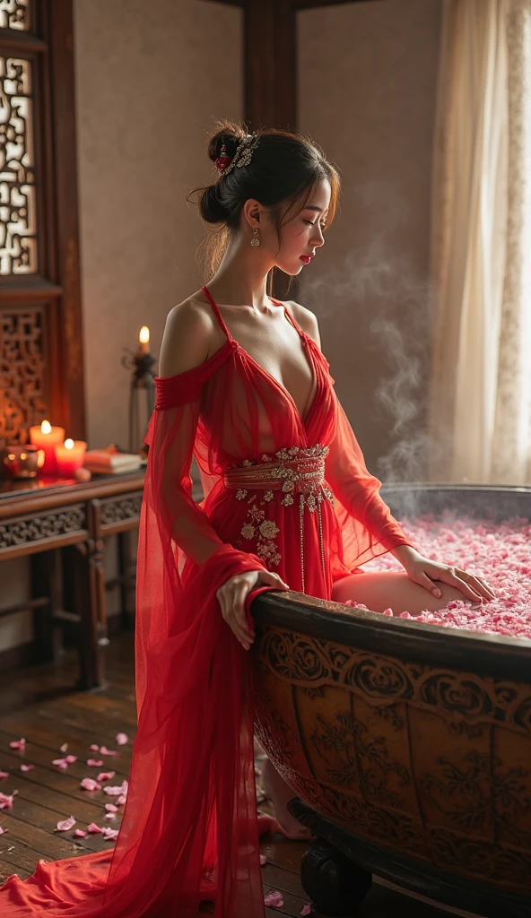 image of a {1girl stunning pose, photo_model pose, lay back in a long square bathtub, perfect proportional anatomy, night clothes, UHD, intricate detailed, 8k, best quality ever, masterpiece, super detailed, unleashed creativity, beyond imagination, dramatic light, gradient motion color background}, rough, massive candles' light all over the background place, textured, slow shutter speed motion photography, shot on FujiFilm XT4 camera f/2. ISO 200