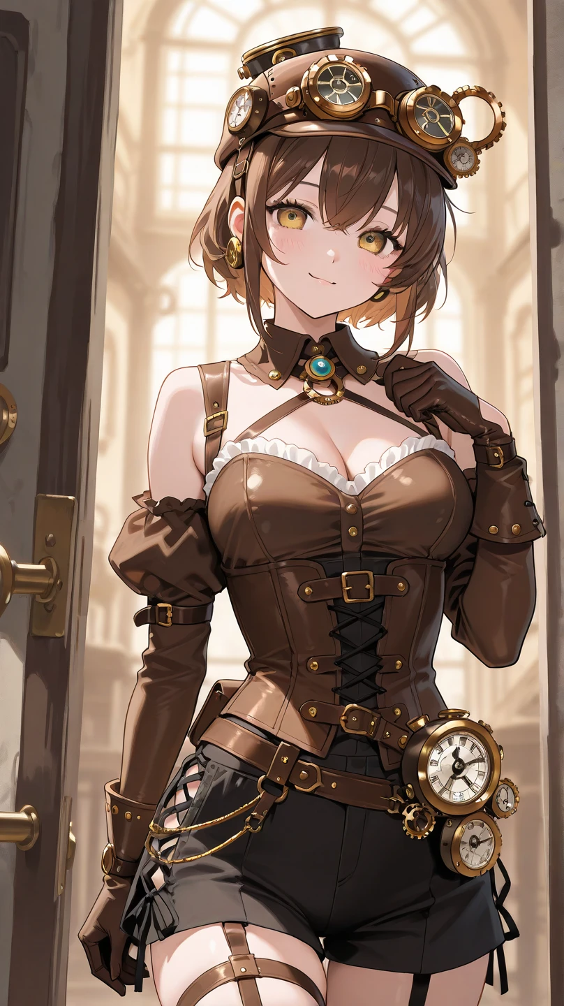 "((short steampunk corse)),((Mexicana peliroja, white skin)),((Twintail)),(1solo),(1 girl view),full_body, 1 girl view,female, young, 17 years old, (long hair), ((red-light brown hair)), snowflakesdetailed cute anime face, ((pointy_ears, seductive pose, flirty with one eye closed)), (((medium_breasts, firm breasts))), (green-brown ligth eyes), random angle)":(all realistic intricate details)
