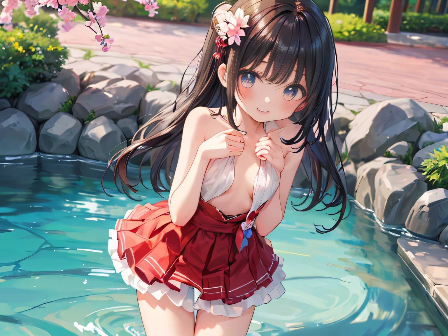 masterpiece, best quality, high quality, extremely detailed, very delicate and beautiful, (1 female 18 years old solo:1.2), (long black hair up to waist with two side up:1.4), bangs to eyebrows, eyes (eyes sharp and strong with glossy glossy eyes, eyebrows glossy, (eye color magenta:1.3), 6.5 head height, (summer flower print in bikini swimsuit:1.3), (bathing and wet), (dynamic pose), (background river and forest:1.3), (blue sky:1.3), (upper body:1.3)