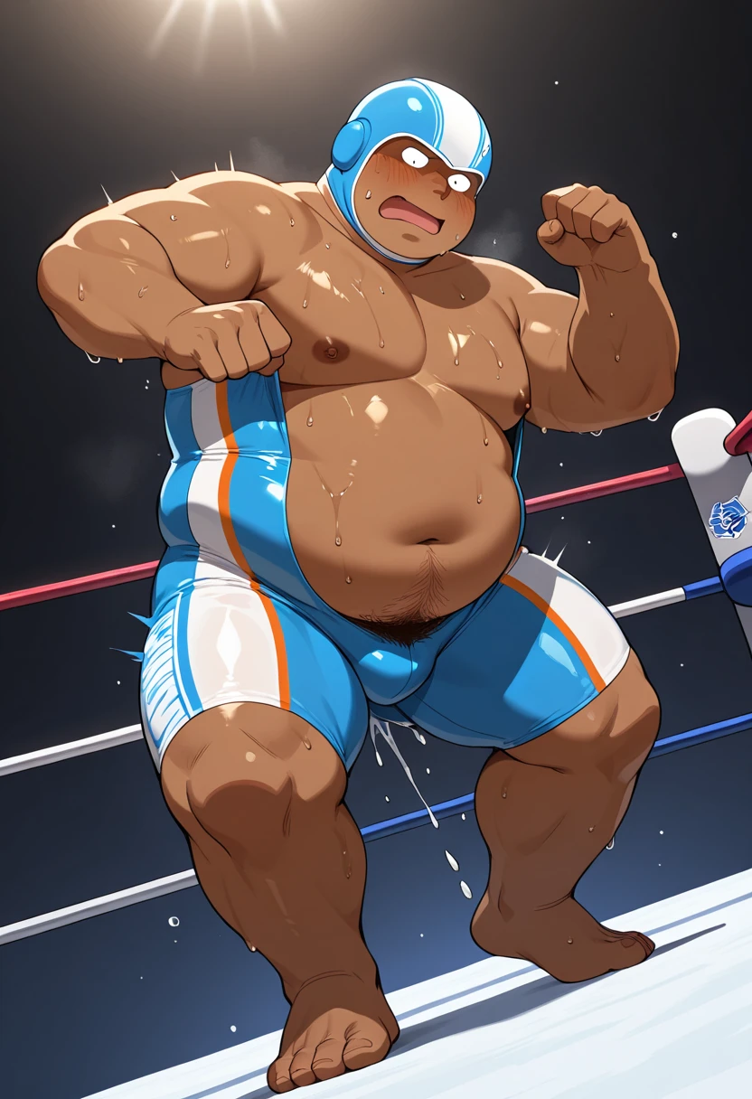 Obese males, (Big fat muscle:0.5), (very Bigger breasts:1.0), (Big belly:1.0), (Chubby face:1.0), Asian face,bushy beard,bodyhair,Chest hair,Man, 21yo, Wear briefs, (Wear yours with sheer leggings:1.0), (Very short hair:1.5), Retro comic style artwork,Full body like