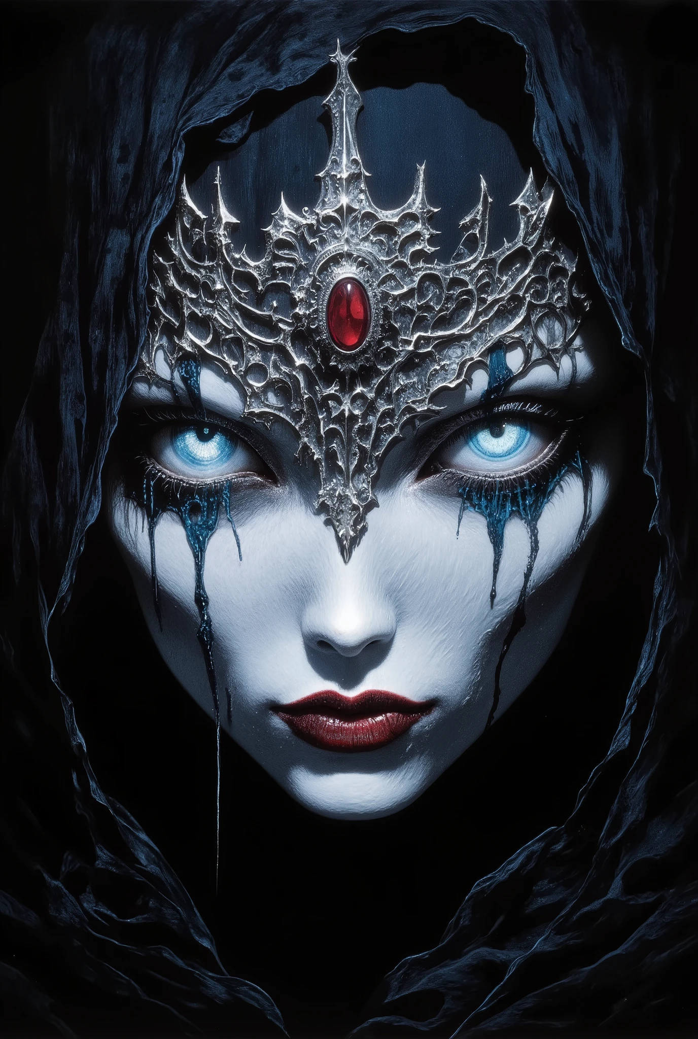 Close-up of a pale female face with smooth white skin. Her lips are dark red and shiny, slightly parted, revealing white teeth. Her eyes are pale blue, as if azure is flowing from them. Azure drips from the eyes in thick, shiny streams. She is wearing a silver tiara with intricate decoration, decorated with a single red gemstone in the center of her forehead. The design of the tiara frames her head, merging with the dark hood that covers her face. Her expression is solemn, but at the same time mesmerizingly beautiful. The lighting highlights the contrast between her pale skin and the dark elements of her clothes. The background is made in dark black, which emphasizes the expressiveness of her features and the overall mood of the picture. The overall style is hyper-realistic, with an atmosphere of Gothic and dark fantasy.
