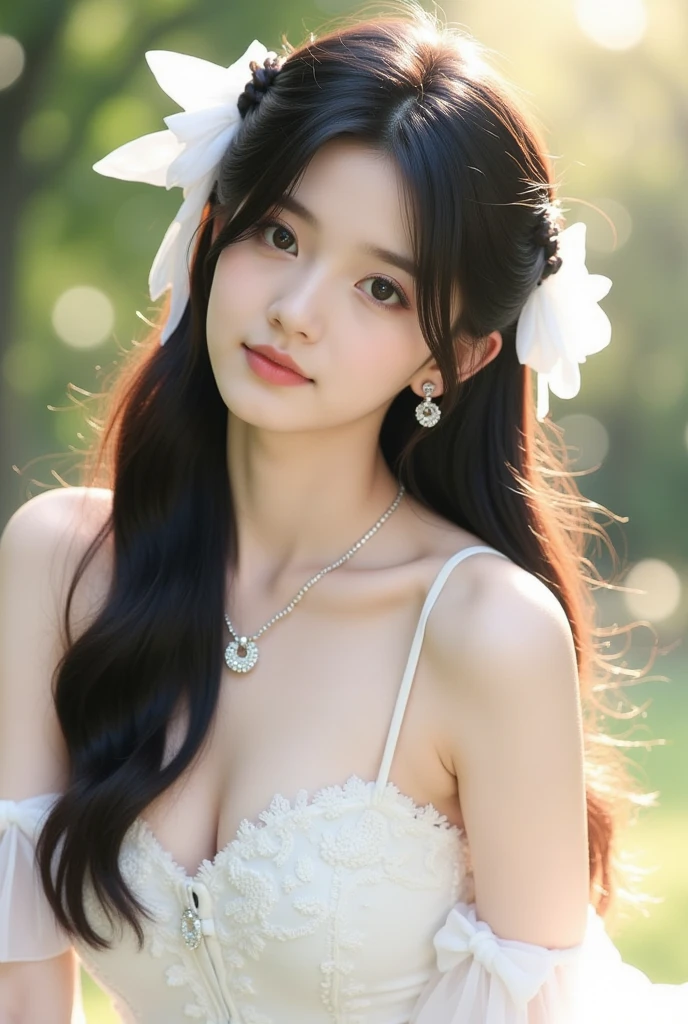 (highest quality, 32k, High resolution, masterpiece:1.5, ),Memorable photographs in an abstract style, ((In a swirl of fantastic pastel colors and soft light)), Evoking a sense of calm and elusive beauty, Very rich emotional expression, Have a rich imagination, Cute Japanese Girls, An exceptionally beautiful face, Magical big eyes, A gentle smile, Motherhood and generosity, Overflowing affection, ((Shiny black hair)), Ponytail swaying in the wind, Asymmetrical bangs, Hair between the eyes, Transparent and soft white skin, Neat, thin eyebrows, double eyelid, Detailed pale pink lips, ((white see-through dress)), Off the shoulder, High resolution perfect clavicle, Beautiful chest in high resolution, Slender body with ample breasts, High resolutionの美しい太もも, Soft sunlight, (Colorful sparkling light particles:1.3), Surrounded by many white roses, Professional Lighting, Professional Photographer, Professional Model,mysterious