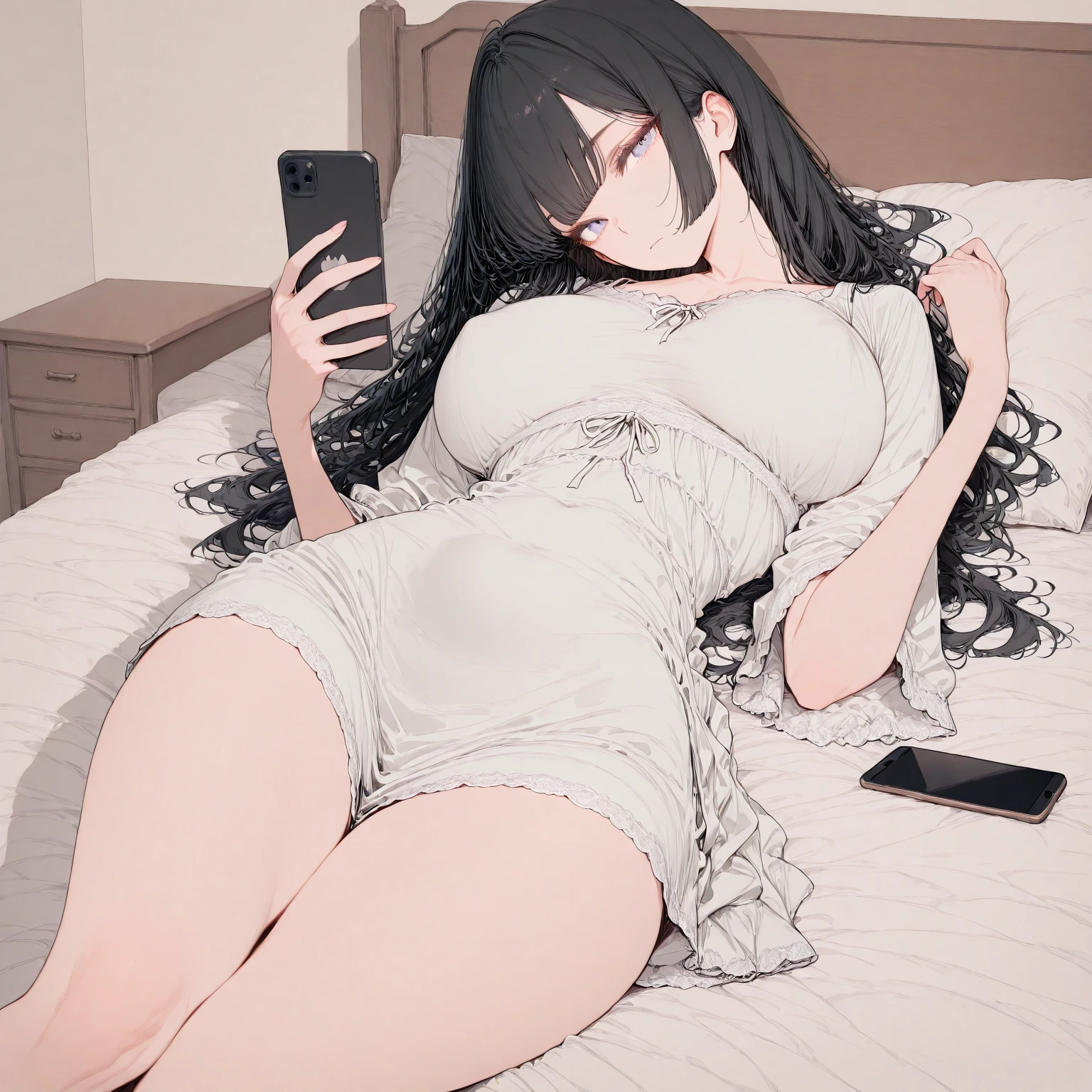 Have a Smartphone、sit on the bed、((masterpiece、high quality、high resolution、4k, 8k, official art)),detailed person、detailed face、detailed eyes、 long black hair woman, revealing clothes, tits, off shoulder sweater dress、big breasts、beautiful thighs、big cleavage、beautiful woman、Kirinaga eyes、(thin body and limbs), Angle from above、((Condoms are scattered on the bed、show me your smartphone screen、Porn images on smartphone screen))、(pov)、Mole around the mouth、((sharp eyes、double eyelids、evil smile))