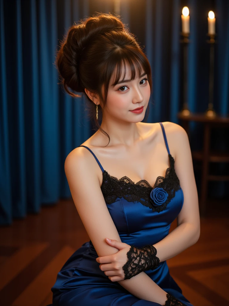 77
(20-year-old princess,is standing), (A hyper-realistic), (masutepiece), ((short-hair:1.46)), (Smooth black hair), (Breast:1.0), (kindly smile:0.9), (Luxurious dress in blue and yellow:1.46), Majestic Palace, Orange Lipstick