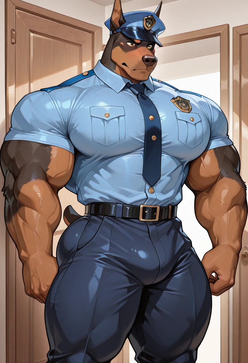 age 60, white man police detective with a mature, kind demeanor, strong and muscular yet chubby build, mustache, wearing dress pants and a buttoned-open translucent shirt that reveals a hairy chest and a noticeable bulge, wearing detective badge on belt, giving off a hint of a horny yet disgusting aura, completing the look with comfortable loafers.