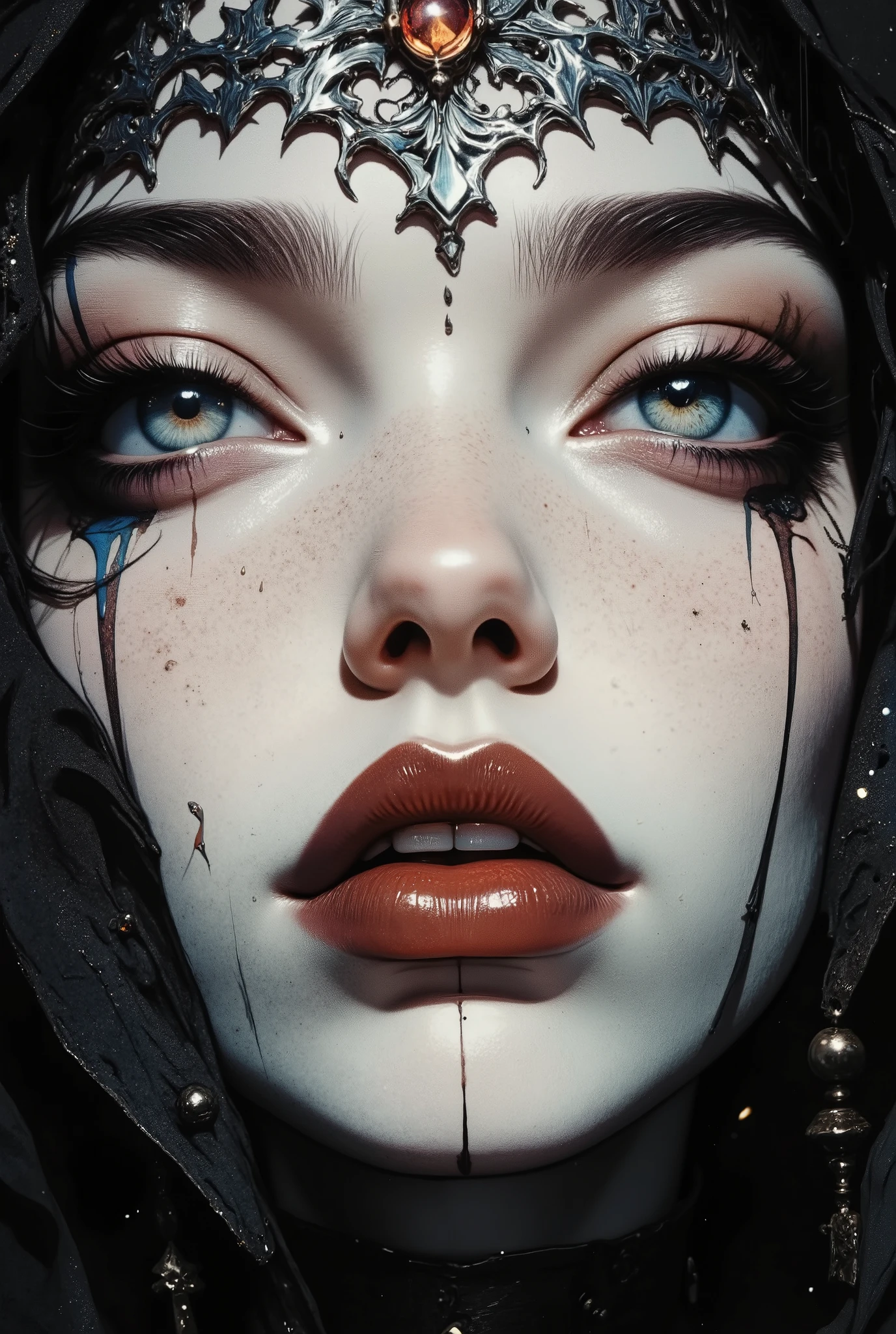Close-up of a pale female face with smooth white skin. Her lips are dark red and shiny, slightly parted, revealing white teeth. Her eyes are pale blue, as if azure is flowing from them. Azure drips from the eyes in thick, shiny streams. She is wearing a silver tiara with intricate decoration, decorated with a single red gemstone in the center of her forehead. The design of the tiara frames her head, merging with the dark hood that covers her face. Her expression is solemn, but at the same time mesmerizingly beautiful. The lighting highlights the contrast between her pale skin and the dark elements of her clothes. The background is made in dark black, which emphasizes the expressiveness of her features and the overall mood of the picture. The overall style is hyper-realistic, with an atmosphere of Gothic and dark fantasy.