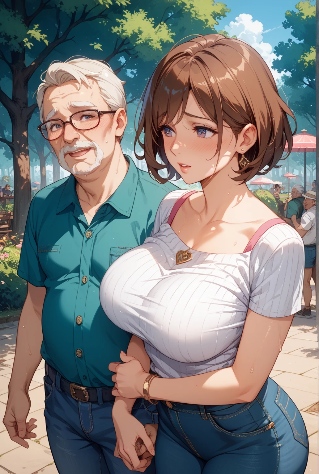 1 girl,Blue leotard,Super High Leg Cut,blue eyes,serious face,brown hair,bob hair,New York City,big breasts,blush,Sweat,barefoot,bare hands,thin,walk,embarrassing,alley,wall graffiti,Scattered garbage,dark,Garbage can,cardboard,cowboy shot,dark,Are standing,((An old man hugs me from behind:1.4)),((Being touched by an old man:1.4)),