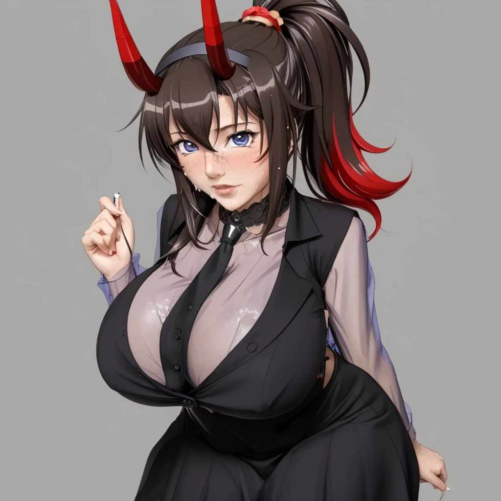 A she-devil with white hair and red eyes, slanted white skin, a long-sleeved silk shirt with black white stripes, huge breasts and a big ass with small red horns.