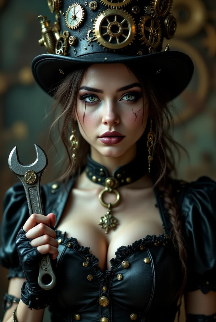 Hyper realistic photo perfect clockwork teen girl, perfect makeup, think curved eyebrows, long thick eyelashes, black eyeliner, dark purple eye shadow, perfect sexy face, cute little nose, curved lips, lipstick, perfect breasts, abs, slim waist, perfect ass, clockwork steampunk outfits, 