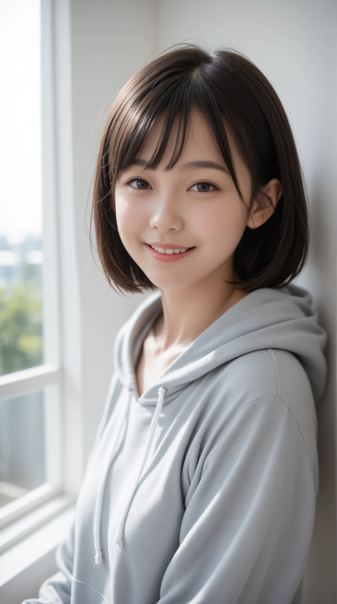 perfect Ratio Face, Balanced eyes, double eyelid,japanese girl,((fluorescence blue panties)),((white hoodie)),12yr,round face, Beautiful nasal muscles lipgloss,Balanced style,shorthair with bangs,smile,small & flat chest),on bed,