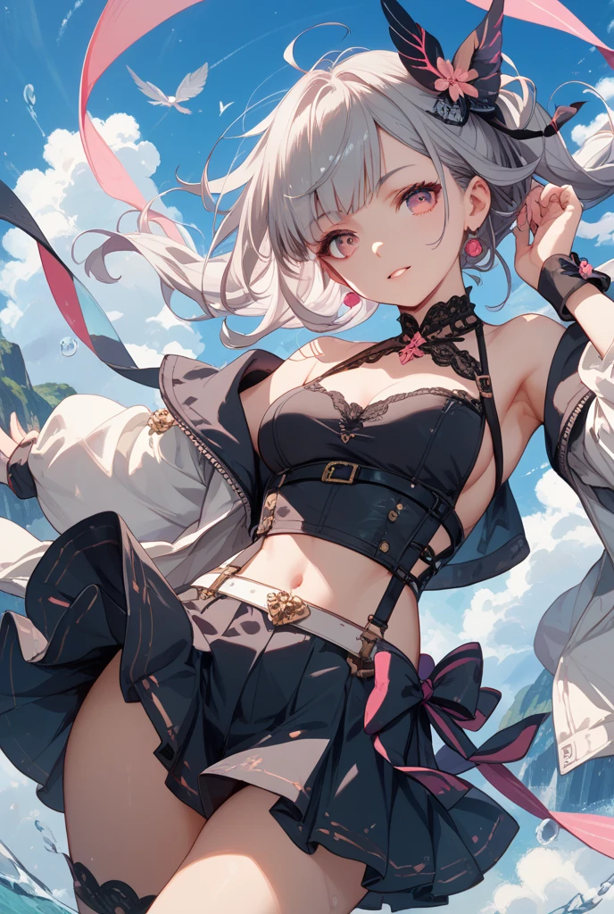 1girl,(8k, RAW photo,high quality:1.1), High-definition photo,(petite),closeup Waist,crotch Focus,faint smile,Beautiful thighs,thick thighs,tender thighs,(dark skin:1.1),hot pants,Groin,(underboob:1.1),Slingshot,oily skin,long sleeves,Thigh-high socks,corset,(short torso:1.3),white short hair,short cape,Upper arms,from below,Fighting pose,Holding a sword,(sword,blade,katana:1.2),