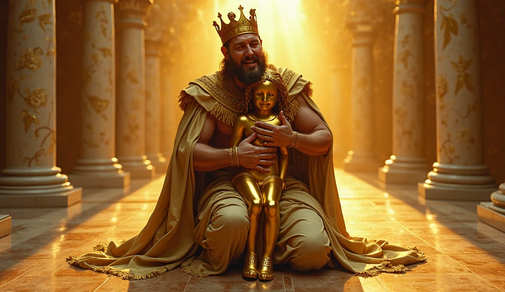 Create an image of a regal figure walking confidently down a parade route, dressed in absurdly minimal clothing that leaves him embarrassingly exposed. Behind him, a procession of royal attendants and musicians follow, all smiling and cheering, while a child points out the king's lack of attire, standing out in the crowd with a look of innocent truth.