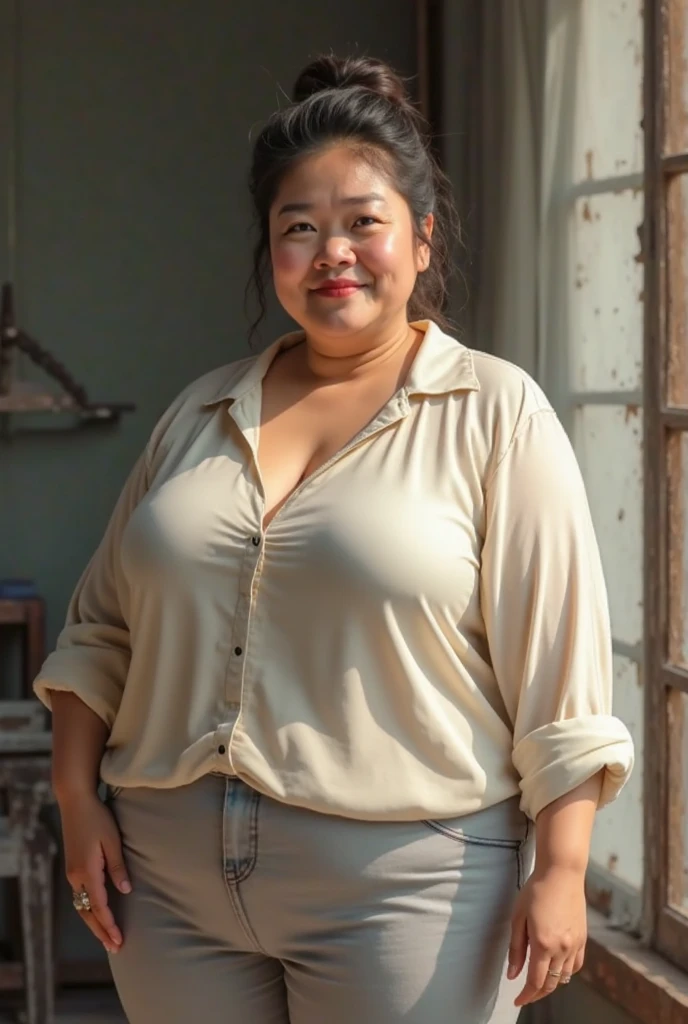 A 35 years old chubby indonesian woman with big breasts, big belly, bob cut hair style, wear sheer and tight white shirt with opened button, black mini skirt, sexy sensual and seductive expression and pose, holding some document, on the desk in the office, realistic photography, natural light, look at the viewer, 