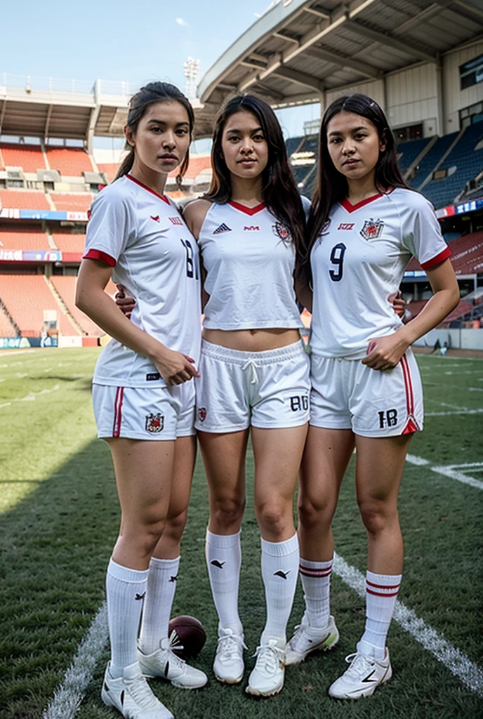 Gorgeous 20-year olds, group of 3 girls posing together, completely nude, shot from behind near the goal post on the turf field, not facing camera, in a crowded stadium with people looking at them, butts, derrieres, very sexy, full body, mood lighting, ultra-realistic, hyper-realistic, ultra-detailed, hyper-detailed, 35mm F/28, hyper-detailed full body shot of a woman, nice face, smile, sexy body, smile, aesthetic body, rich colors, face focused, 8K, HD Crisp Upscale, realistic lying， RAW photography， best quality： 1.4, No dark background , Beautiful details eye, cleavage , thick thighs, nice hips, long hair, High-detailed, perfectly located eyes, perfect eyes, photographed on a Canon EOS R5
