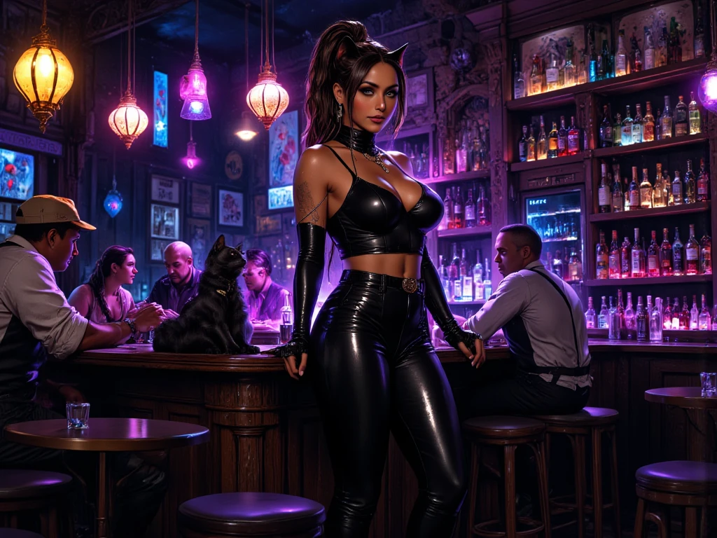 there is an Woman with the most hot and sensual outfit of Catwoman, wearing pleasers, cat ears and googles, 3d neon art of a womans body, neon-noir background, cyberpunk femme fatale, seductive cyberpunk dark fantasy, cyberpunk strip clubs, cyberpunk 20 y. o model girl, oppai cyberpunk, banner, high definition cgsociety, cgsociety masterpiece, trending on cgstation, kda, random hair, looking at camera, gigantic breasts, cleavage, (high detailed skin:1.2), 8k uhd, dslr, super lighting, high quality, film grain, high res, highly detailed, hyper realistic, beautiful face, beautiful body, beautiful eyes nose lips, alluring expression, very bold, upper visible, full body photo, standing legs apart, pale translucent glowing skin, most beautiful face, cute, (luxury and elegant room with a bar and soft light:1.4)), (extremely slutty),